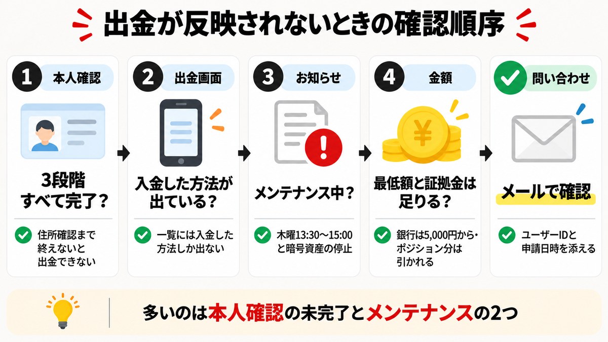 Vantageの出金が反映されないときに本人確認・出金画面・お知らせ・金額・問い合わせの順で確認する手順の図解