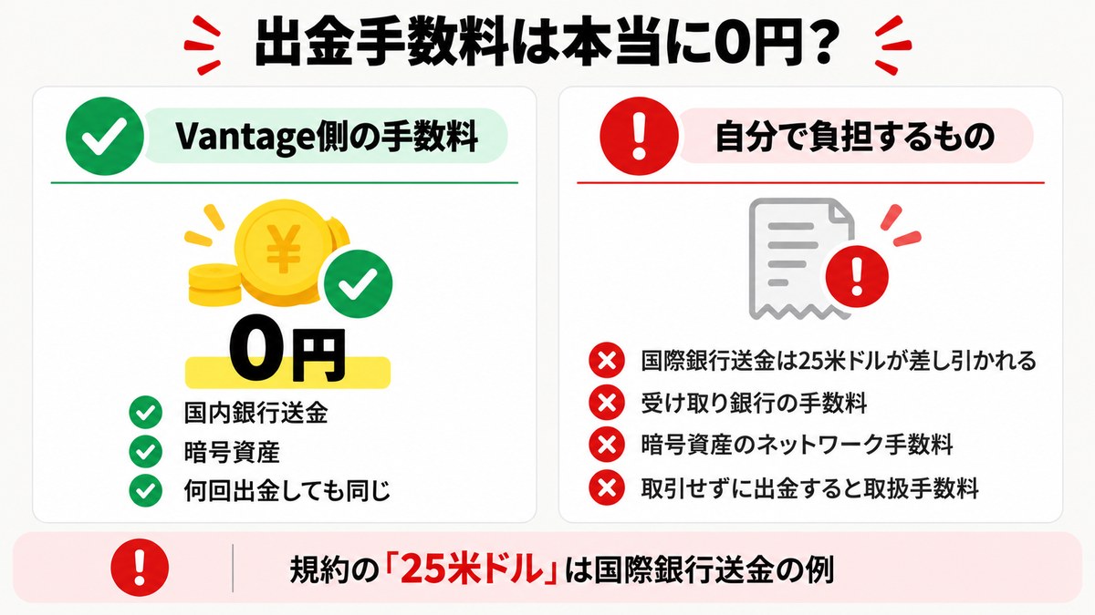 Vantage側の出金手数料は0円で、国際銀行送金の25米ドルや受取銀行の手数料は自己負担だと比較した図解