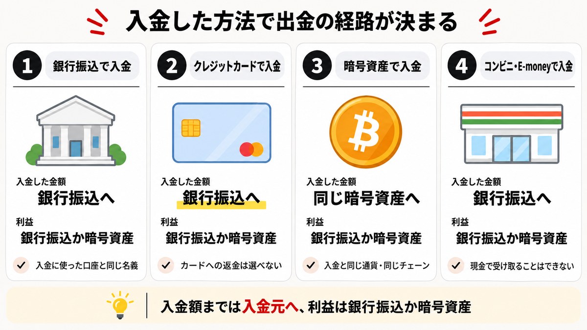 Vantageで銀行振込・クレジットカード・暗号資産・コンビニの入金方法ごとに、入金額までの出金先と利益の出金先を整理した図解