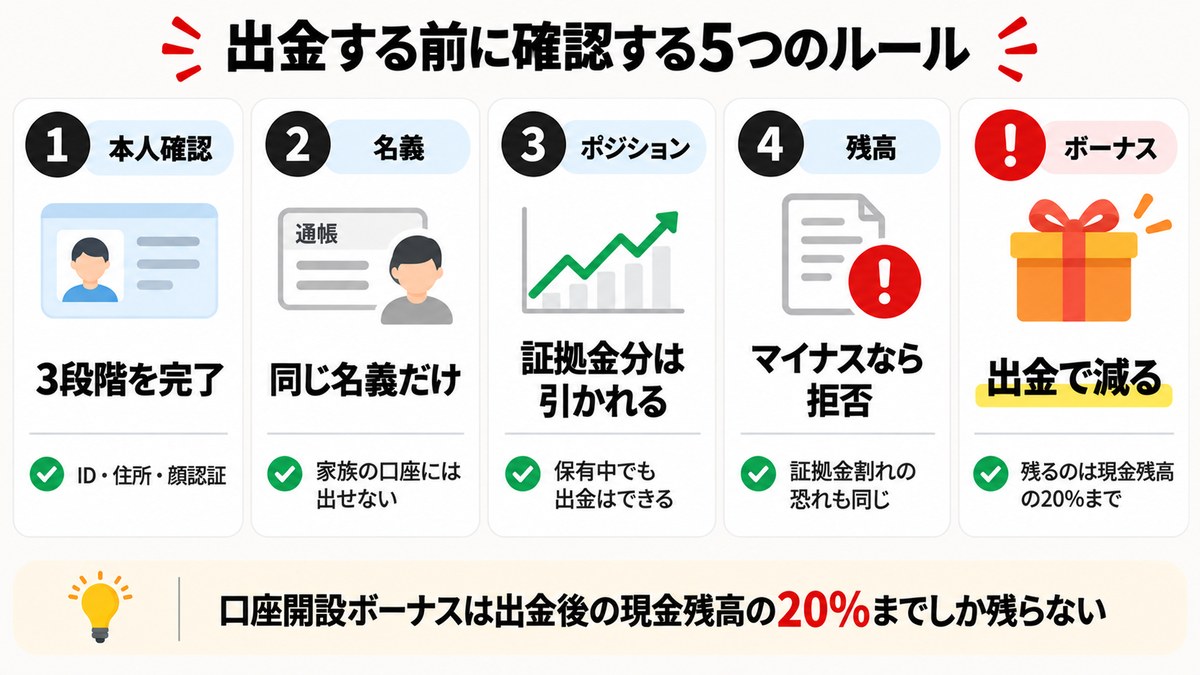 Vantageの出金前に確認する本人確認・名義・ポジション・残高・ボーナスの5つのルールを並べた図解