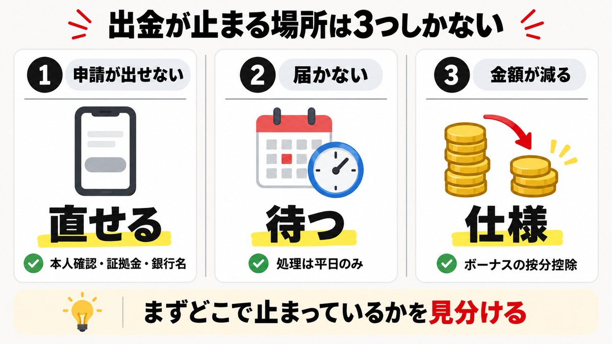 Vantageの出金が止まる場所を「申請が出せない」「届かない」「金額が減る」の3つに切り分けた図解