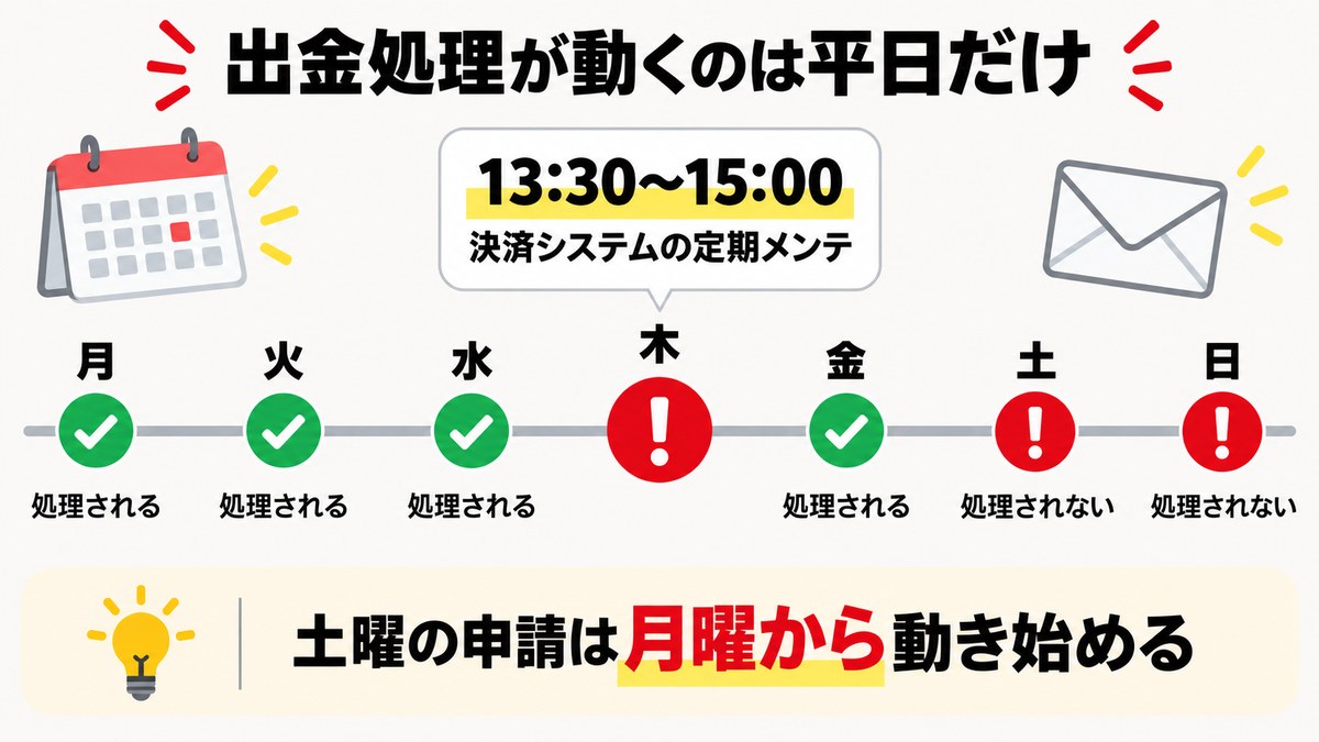 Vantageの出金処理が動くのは月曜から金曜だけで、木曜13時30分から15時は決済システムの定期メンテで止まることを示した図解