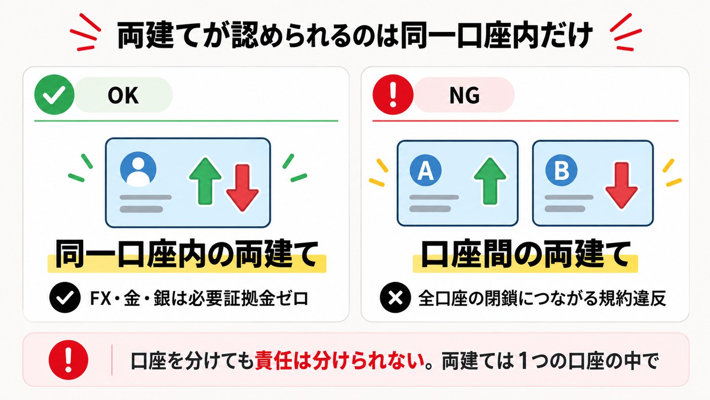 XMの両建ては同一口座内のみ可能で複数口座間は禁止という図解