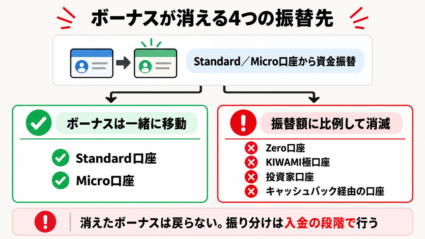 XMで資金振替するとボーナスが消える4つの宛先の図解