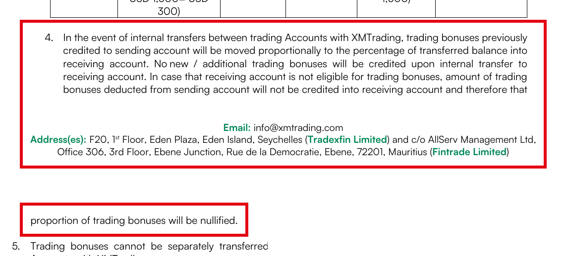 XMTrading入金ボーナス規約D-4の原文（英語）。振替先がボーナス対象外の口座の場合、その割合のボーナスは無効になると規定