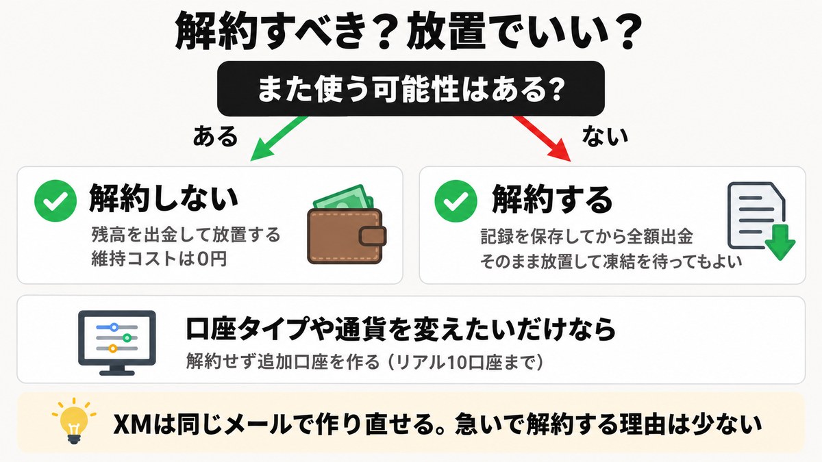 XMの口座を解約すべきか放置すべきかを判断するフローチャート