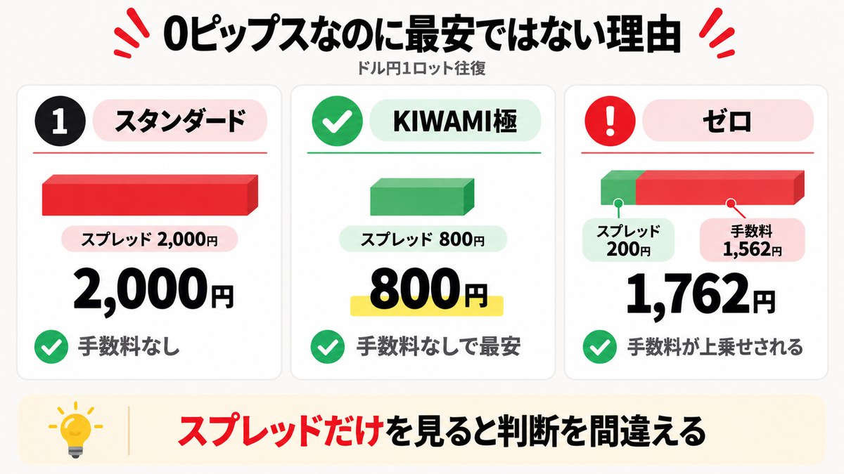 図解：ドル円1ロット往復コストの内訳。スタンダード2,000円、KIWAMI極800円、ゼロはスプレッド200円＋手数料1,562円で1,762円
