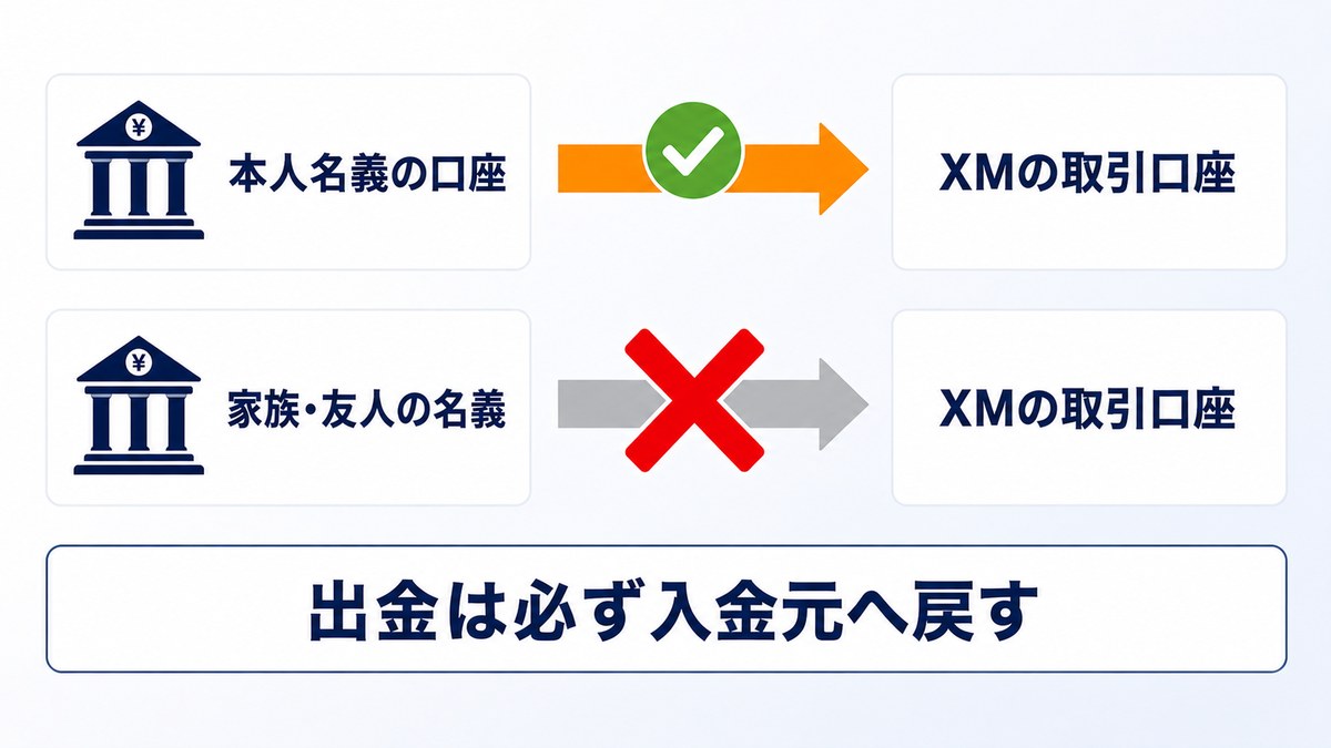 XMの入出金は本人名義に限られることを示した図