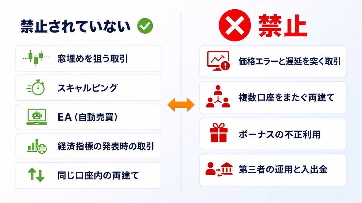 XMで禁止されている行為と禁止されていない行為の一覧図