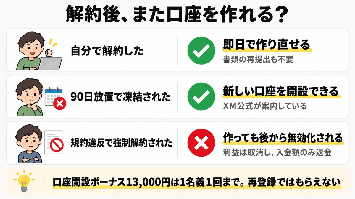 XM口座を解約・凍結・強制解約された場合の再登録可否を比較した図解