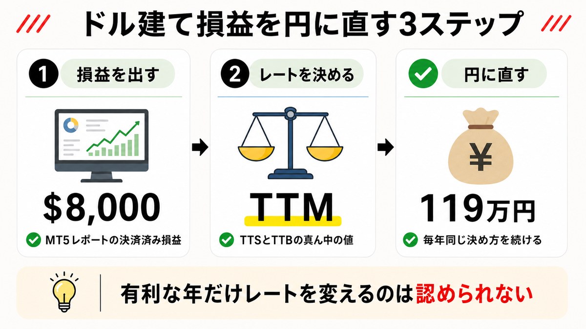 ドル建て損益を円に直す3ステップ
