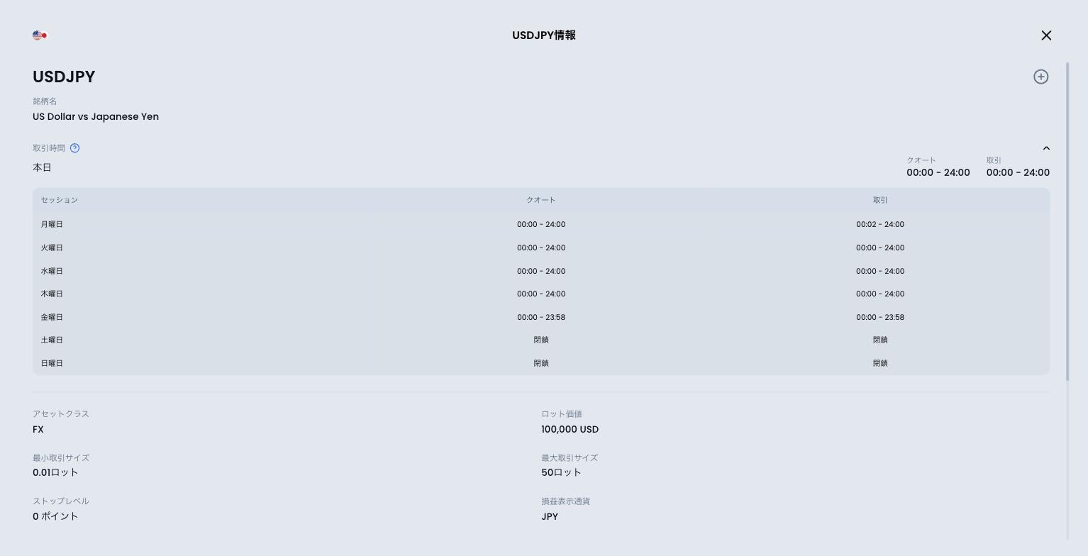 XMTradingポータルのUSDJPY銘柄情報。月曜00:02から金曜23:58まで、平日は24時間取引できることが曜日別セッション表で確認できる