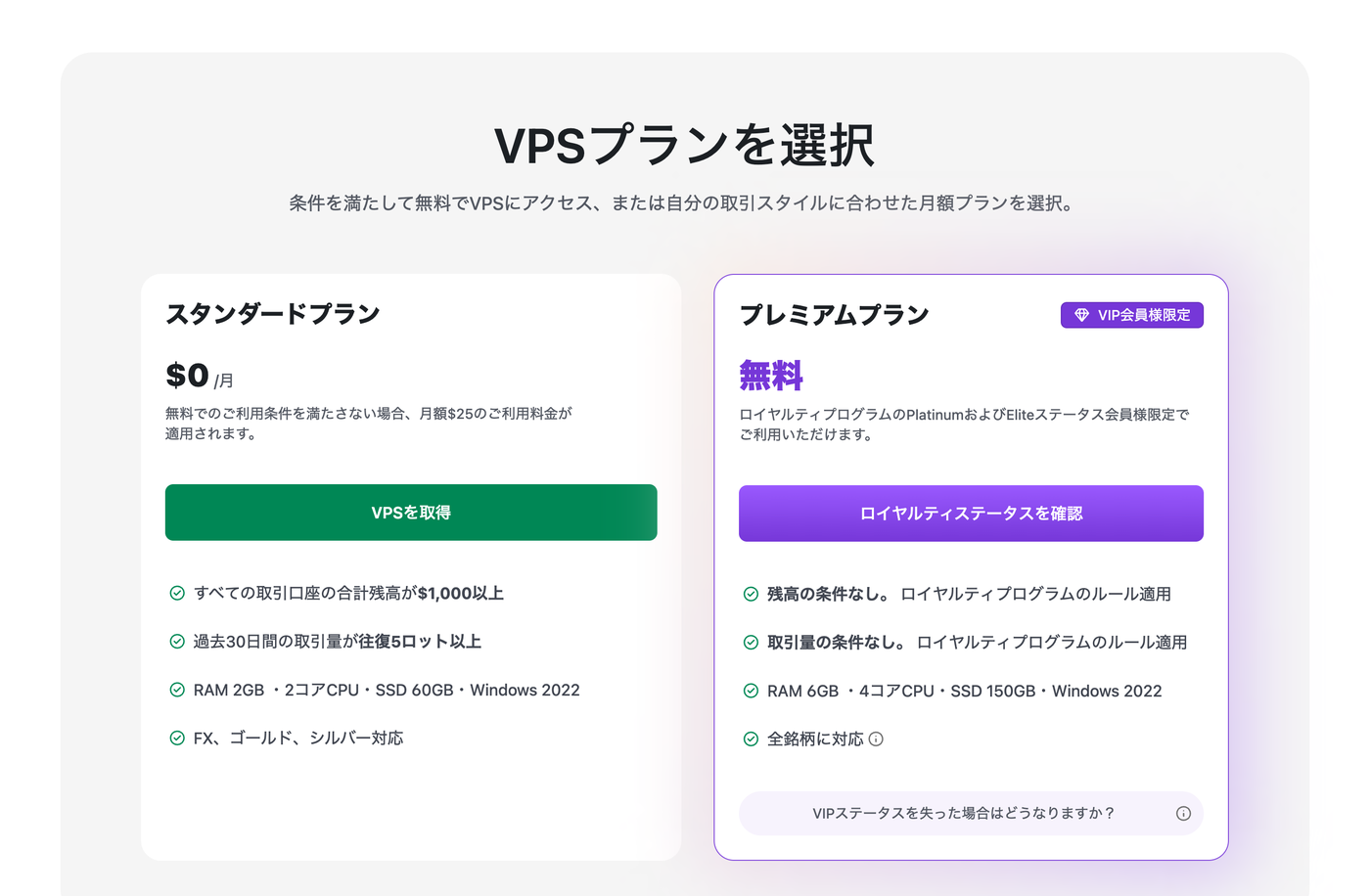 XMTrading公式VPSページのプラン表示。スタンダードプランは$0/月で条件未達なら月額$25、プレミアムプランはVIP会員様限定で無料