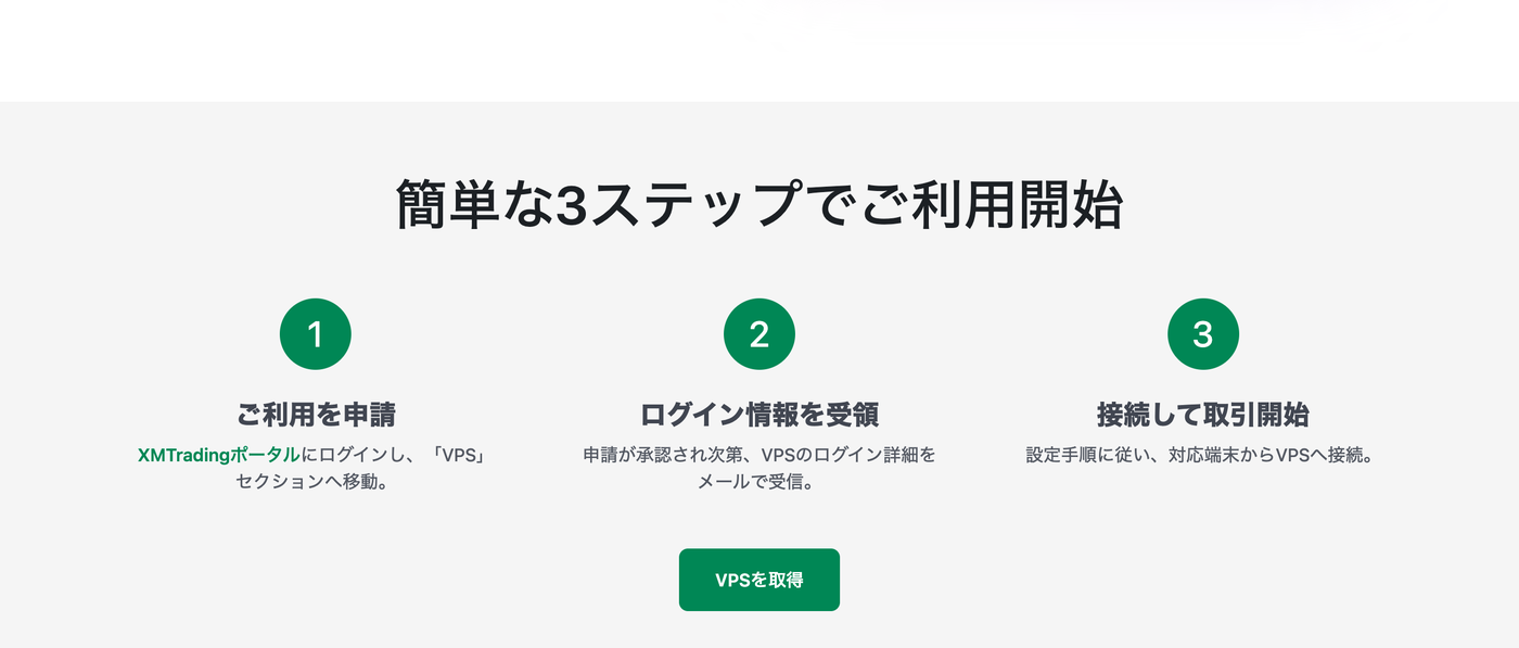 XMTrading公式VPSページの「簡単な3ステップでご利用開始」。ポータルで申請、ログイン情報をメールで受領、対応端末から接続