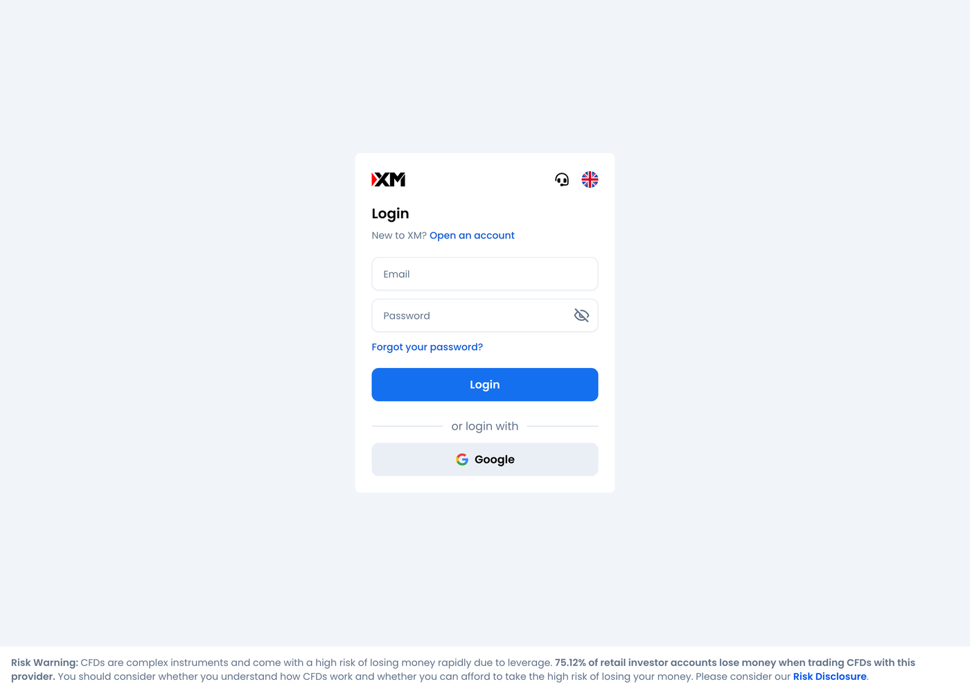 my.xm.comのログイン画面。英語表示で、Googleでのログインと75.12%のリスク警告がある
