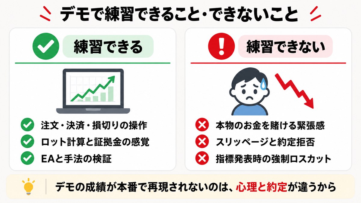 デモで練習できること（注文操作・ロット計算・EA検証）と練習できないこと（本番の緊張感・スリッページ・指標時のロスカット）