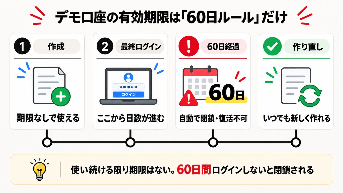 XMデモ口座の有効期限は60日ルールだけ。作成→最終ログイン→60日経過で自動閉鎖→いつでも作り直せる