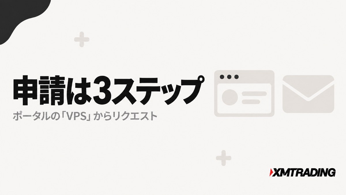 XMのVPS申請はXMTradingポータルのVPSから3ステップでリクエストすることを示す見出し画像
