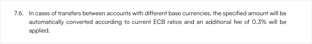 XMの規約7.6項「基軸通貨が異なる振替はECBレート換算と0.3%の手数料」の原文
