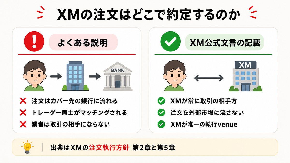 XMの注文がどこで約定するかの図解