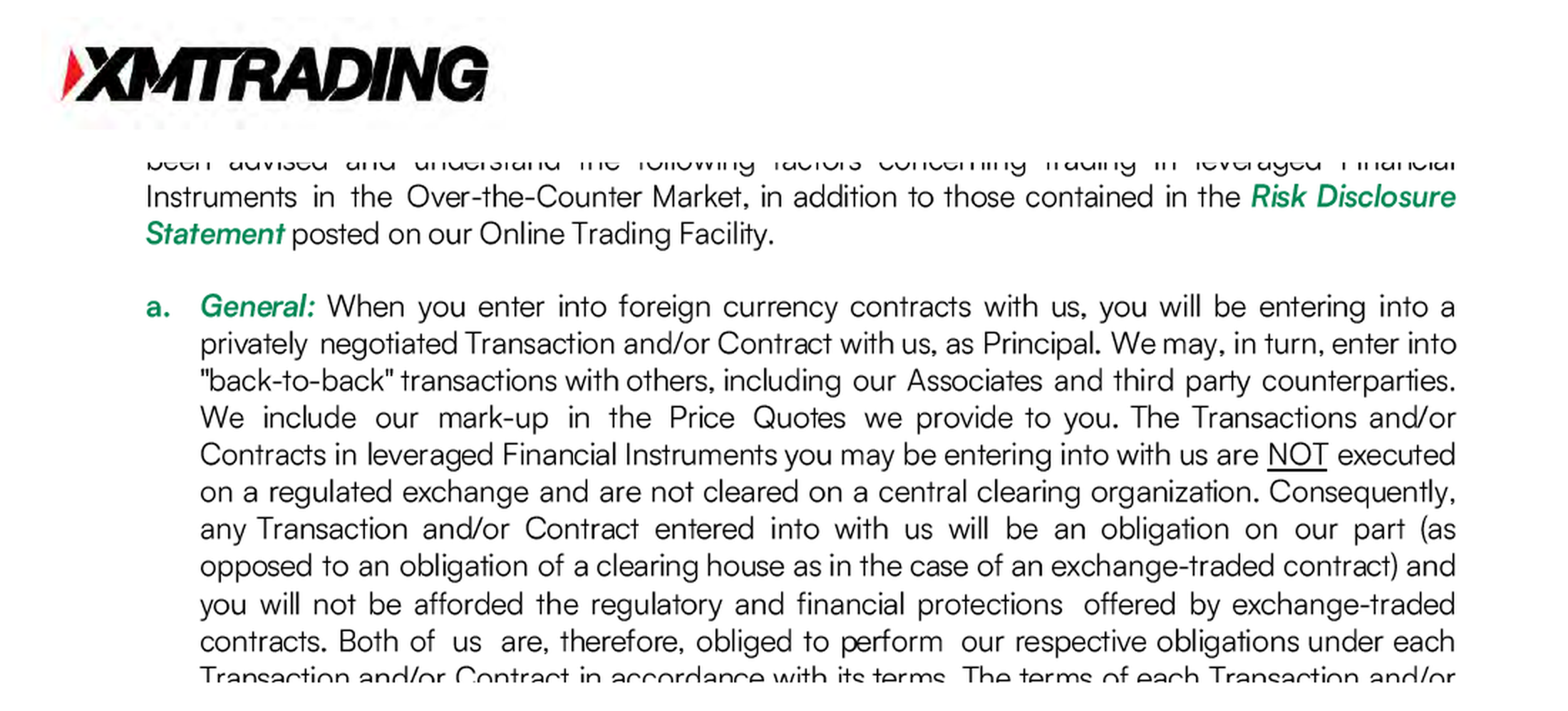 XMTrading顧客規約リスク開示a項。Principalとして私的に交渉された取引であり、提示価格にマークアップを含めると記載