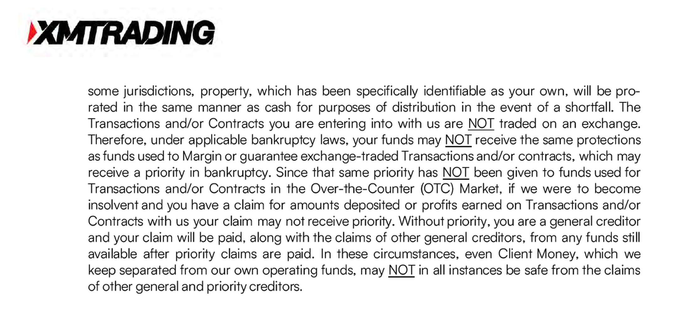 XMTrading顧客規約リスク開示i項。破綻時は一般債権者として按分され、分別管理した顧客資金でさえ常に安全とは限らないと記載