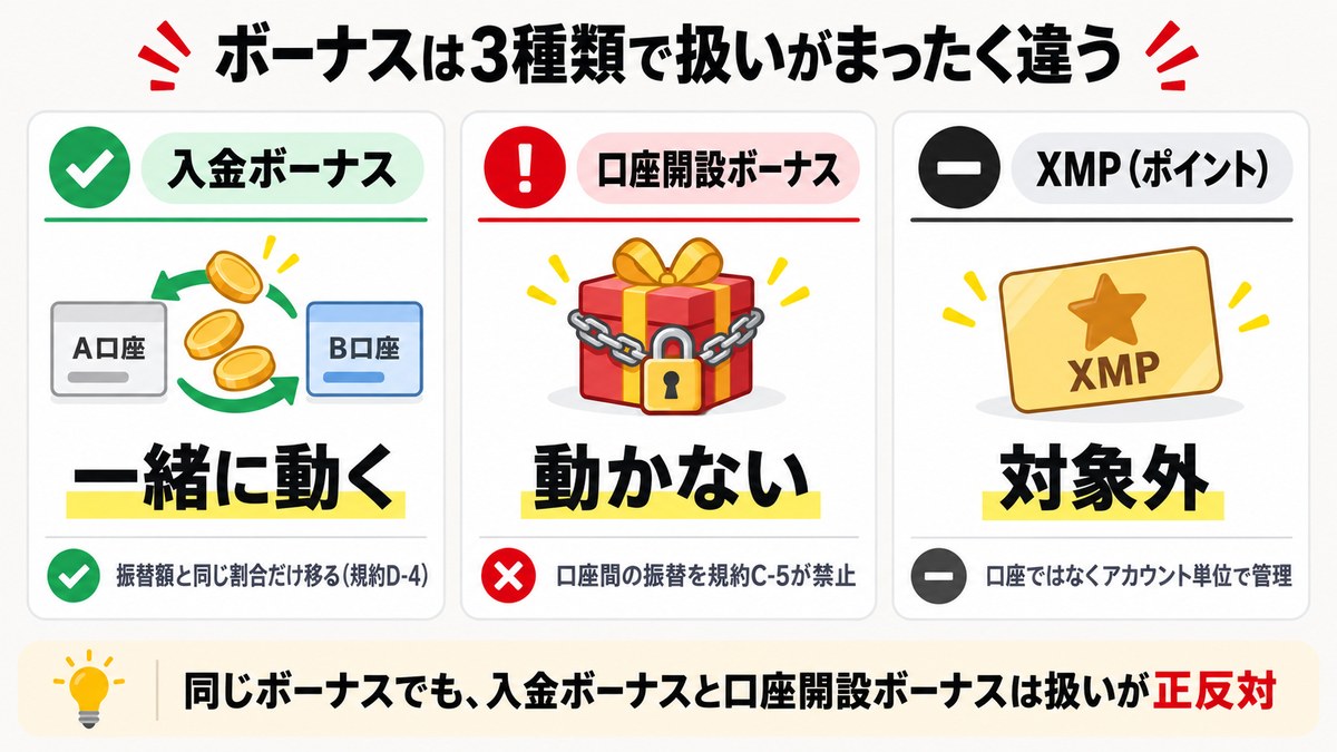 XMの入金ボーナス・口座開設ボーナス・XMPで振替時の扱いが違うことを示す図解