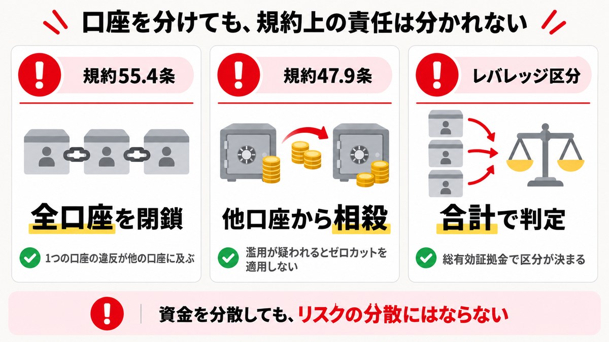 XMは口座を分けても規約55.4条と47.9条により責任が分かれないことを示す図解