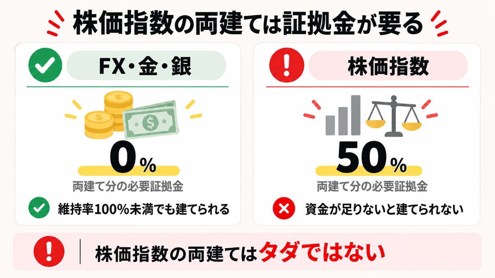 株価指数の両建ては証拠金が要る|FX・金・銀は0%、株価指数は50%