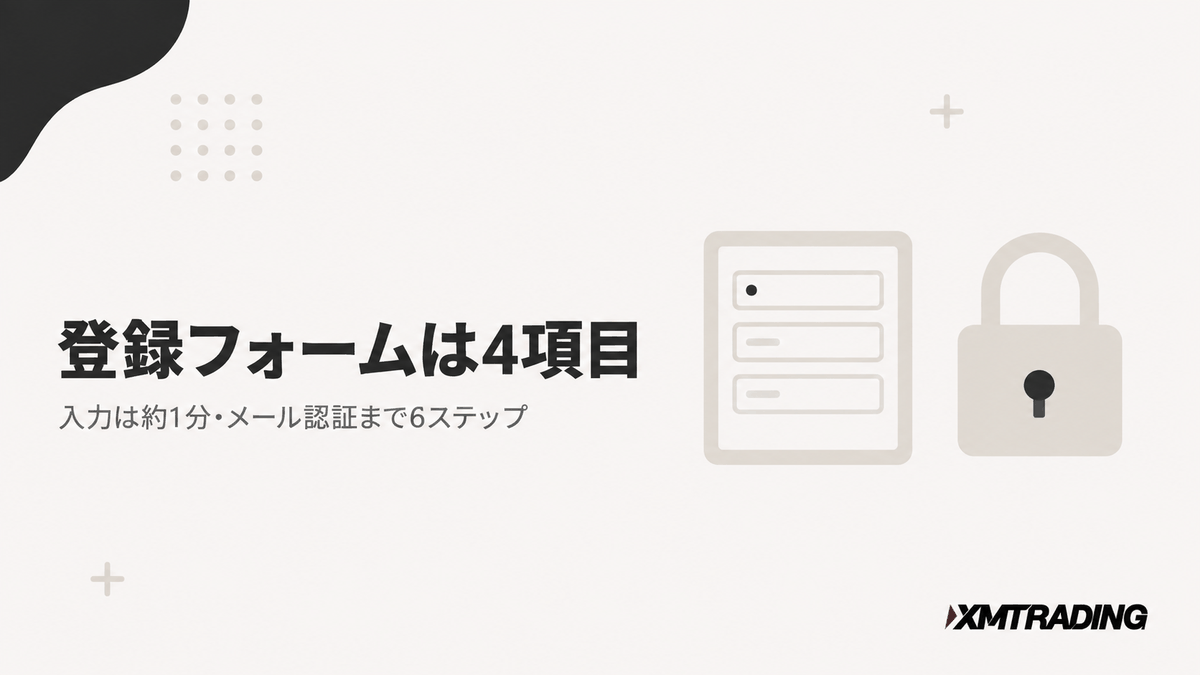 XMの登録フォームは4項目。入力は約1分・メール認証まで6ステップ