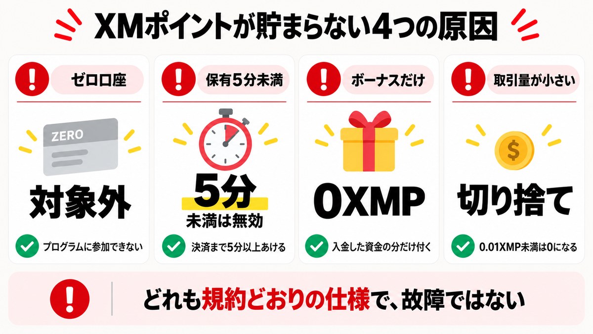 XMポイントが貯まらない4つの原因。ゼロ口座・保有5分未満・ボーナスだけ・取引量が小さい