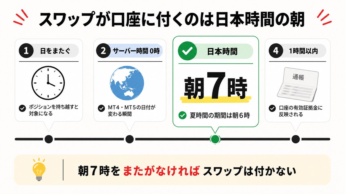 XMのスワップが口座に付くのは日本時間の朝7時（夏は朝6時）の図解