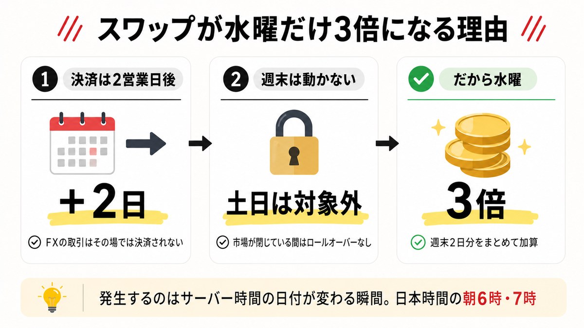 XMのスワップが水曜だけ3倍になる理由。決済が2営業日後で週末はロールオーバーされないため