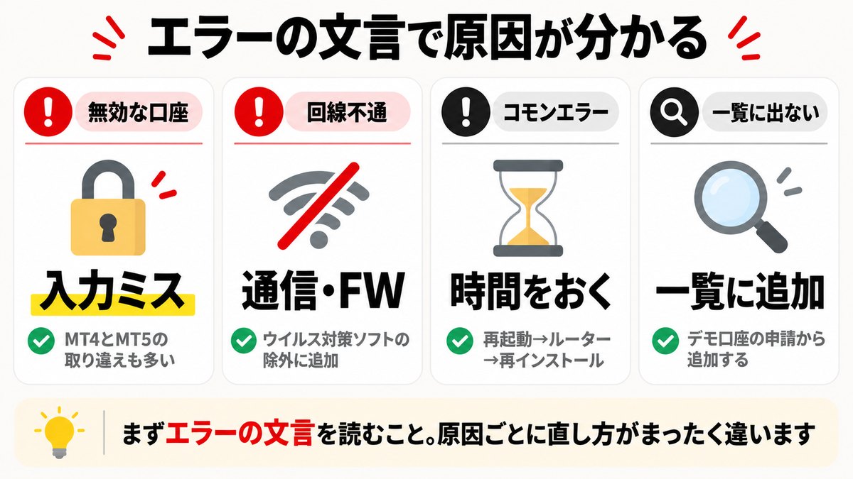 無効な口座・回線不通・コモンエラー・一覧に出ないの4つのエラー別に原因と対処法を示した図解