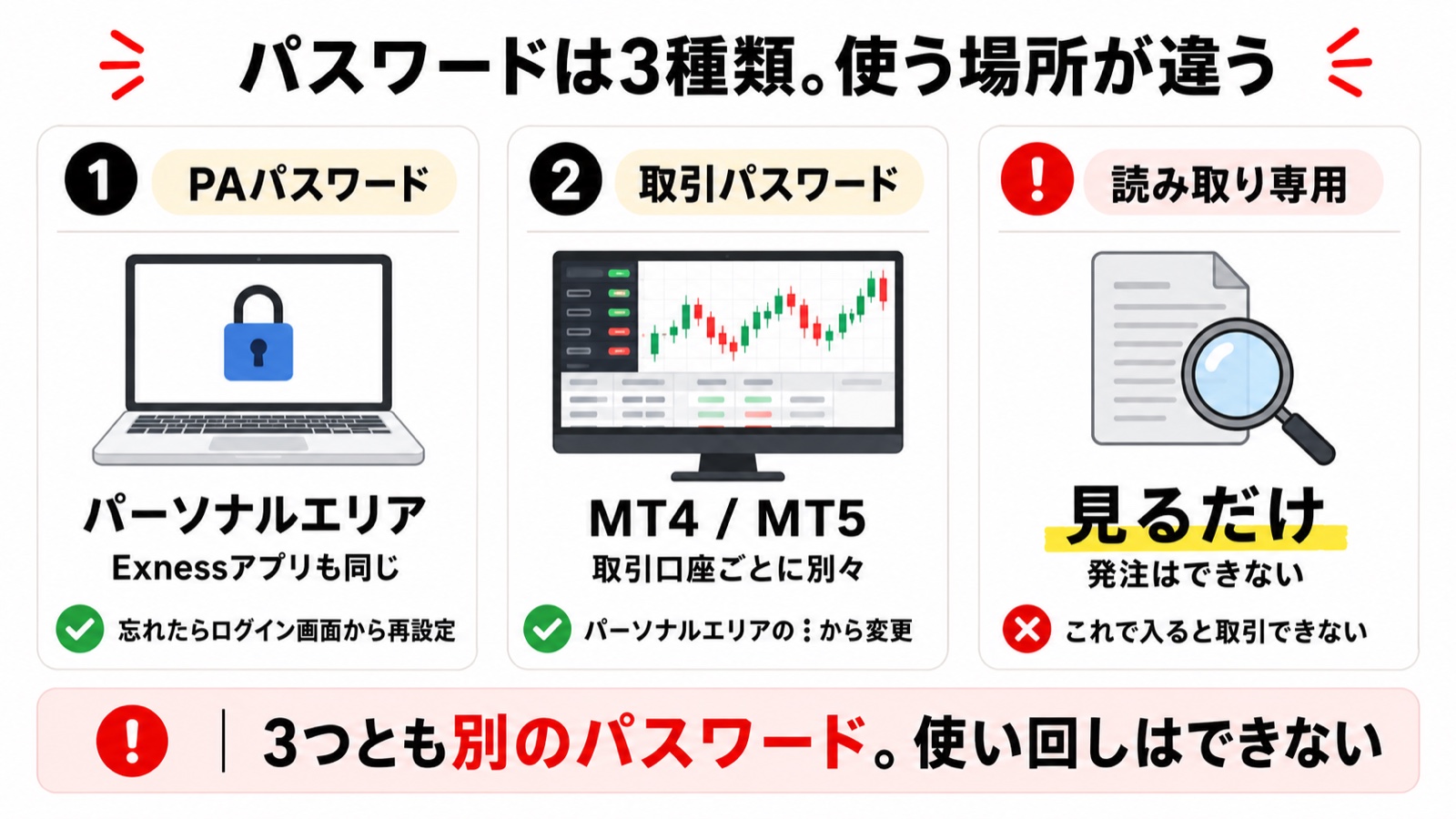 Exnessのパーソナルエリアパスワード・取引パスワード・読み取り専用パスワードの使い分けを示した図解