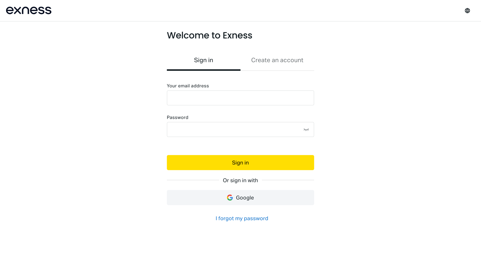 Exnessのログイン画面。メールアドレスとパスワードの入力欄、Googleサインイン、パスワード再設定リンクが並ぶ