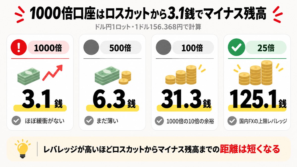 レバレッジ別 ロスカットからマイナス残高までの値幅