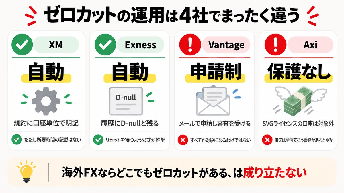 XM・Exness・Vantage・Axiのゼロカット運用の違い
