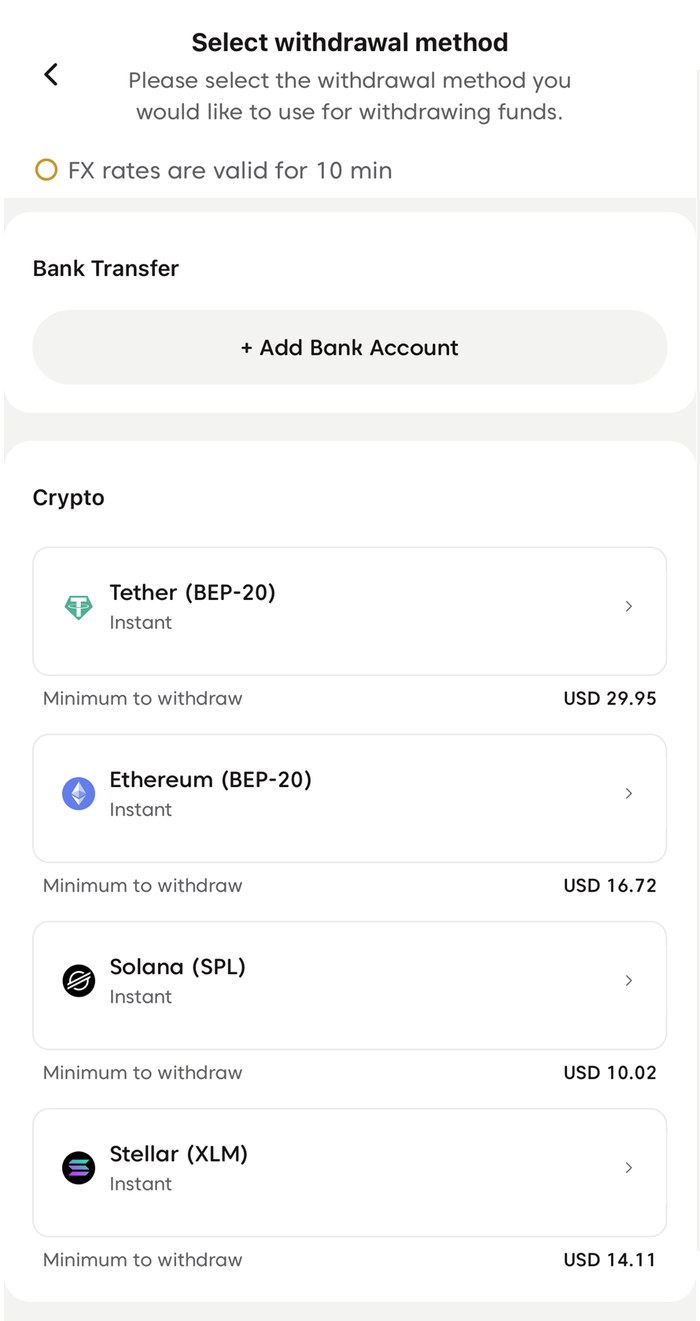 Axi公式ヘルプに掲載されているアプリの出金方法の選択画面。Tether（BEP-20）は最低29.95ドル、Ethereum（BEP-20）は16.72ドル、Solanaは10.02ドル、Stellarは14.11ドル。レートは10分有効