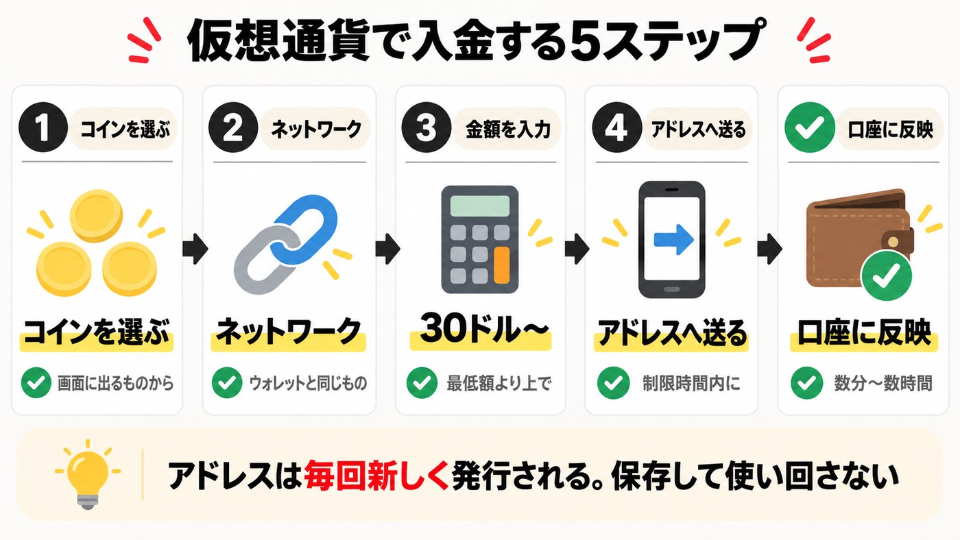 Axiに仮想通貨で入金する5ステップ。コインを選ぶ、ネットワークを選ぶ、金額を入力（30ドルから）、制限時間内にアドレスへ送る、数分〜数時間で口座に反映。アドレスは毎回新しく発行される