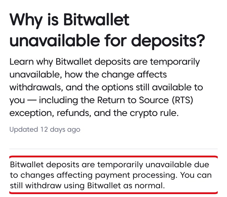 Axi公式ヘルプ英語版「Why is Bitwallet unavailable for deposits?」。Bitwalletの入金は一時的に利用できず、出金は通常どおり使えると書かれている