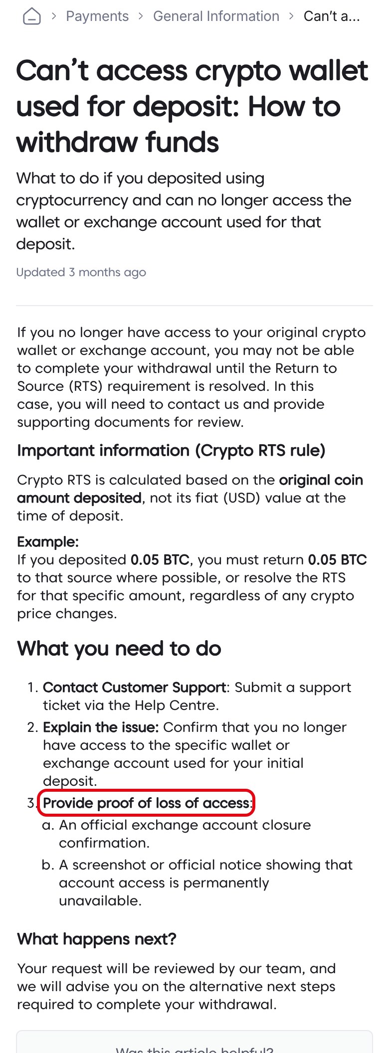 Axi公式ヘルプ英語版「Can’t access crypto wallet used for deposit」。入金に使ったウォレットや取引所口座にアクセスできない場合は、サポートへ連絡して口座閉鎖の確認書などを提出する