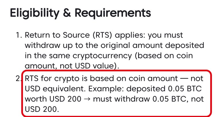 Axi公式ヘルプ英語版「How to withdraw via Cryptocurrency」。暗号資産のRTSは米ドル換算ではなくコインの量で数え、0.05 BTC（200ドル相当）を入金したら0.05 BTCを出金すると書かれている