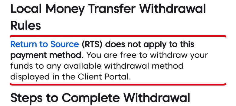 Axi公式ヘルプ英語版「How to withdraw via Local Money Transfer (Japan)」。この支払い方法にRTSは適用されず、会員ページに表示される出金方法ならどれでも使えると書かれている