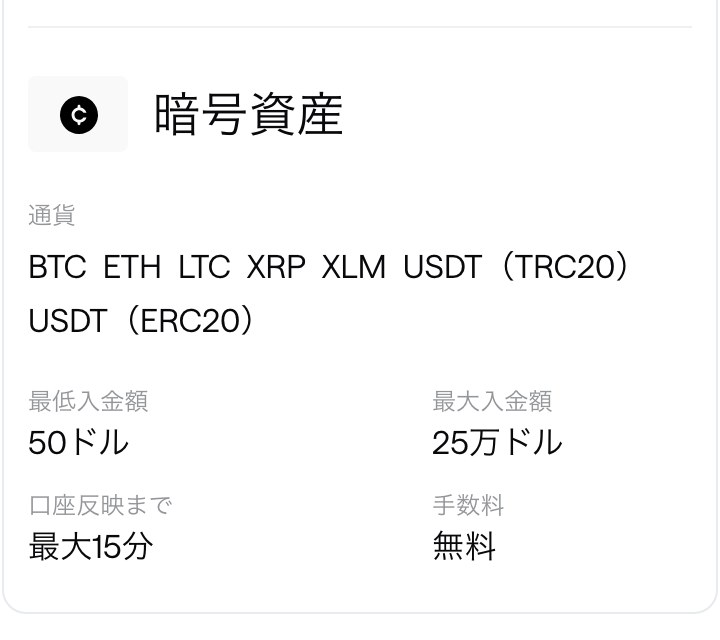 Axi公式サイト「アジアにおける入出金方法」の暗号資産の欄。通貨はBTC・ETH・LTC・XRP・XLM・USDT（TRC20）・USDT（ERC20）、最低入金額50ドル、最大入金額25万ドル、口座反映まで最大15分、手数料無料