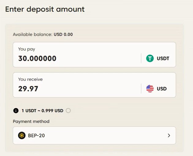 Axi公式ヘルプに掲載されている会員ページの画面。入金額の入力。30 USDTを支払うと29.97ドルを受け取る表示で、レートは1 USDTが約0.999ドル