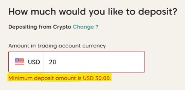 Axi公式ヘルプに掲載されている会員ページの画面。20ドルを入力するとMinimum deposit amount is USD 30.00と表示される