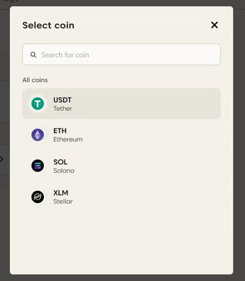 Axi公式ヘルプに掲載されている会員ページの画面。コインの選択にUSDT・ETH・SOL・XLMが並んでいる