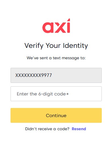 Axi公式ヘルプに掲載されている会員ページの画面。ウォレットを追加するとVerify Your Identityが開き、SMSで届く6桁のコードを入力する