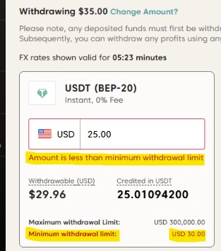 Axi公式ヘルプに掲載されている会員ページの画面。25ドルを入力するとAmount is less than minimum withdrawal limitと表示され、最低出金額はUSD 30.00